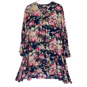 Umgee Women size M Tunic Dress Navy Floral Keyhole Front Flare Sleeve Boho Short